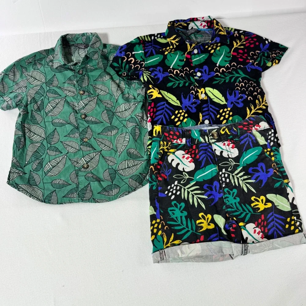 Primark Boys 3pc Tropical Leaf Shirt & Shorts Set Size 2-3Y Green Black Summer
